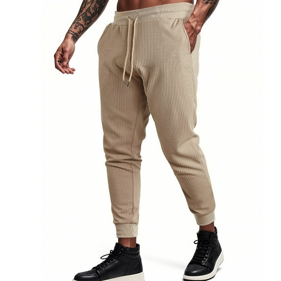 ZUKMRJPC Mens Casual Pants Drawstring Elastic Waist Lightweight Loose Fit Breathable Waffle Sweatpant Athletic Jogger Pants with Pockets