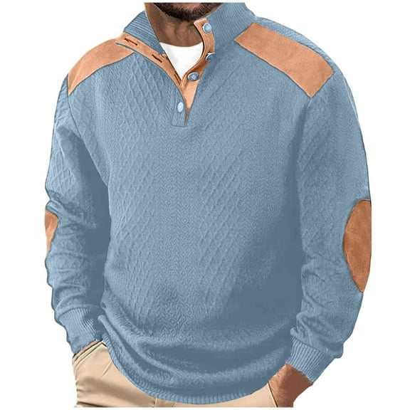ZUKMRJPC Mens Casual Sweatshirt Long Sleeve Patchwork Stand Collar Quarter Button Up Pullover Fall Knit Texture Loose Comfort Sweaters