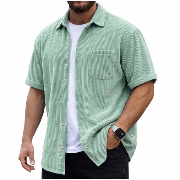 ZUKMRJPC Mens Corduroy Button Down Shirts Short Sleeve Solid Color Textured Shirts Casual Loose Fit Summer Overshirt with Pocket