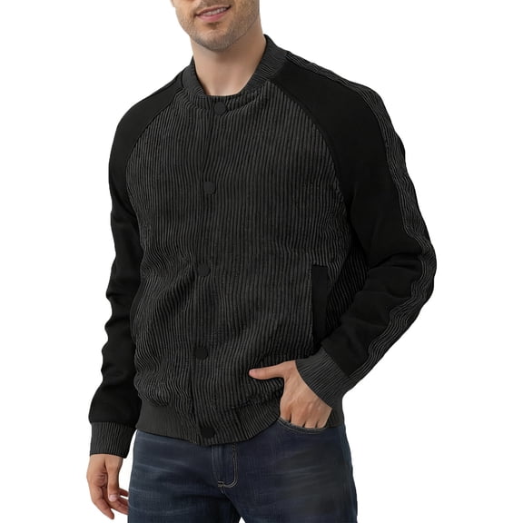 ZUKMRJPC Mens Corduroy Jackets Long Sleeve Vintage Color Block Bomber Jackets Stand Collar Loose Fit Warm Fall Outwear with Pockets