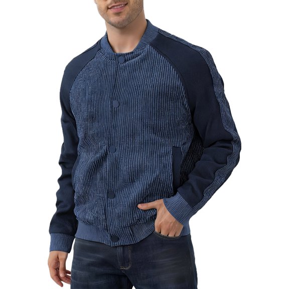 ZUKMRJPC Mens Corduroy Jackets Long Sleeve Vintage Color Block Bomber Jackets Stand Collar Loose Fit Warm Fall Outwear with Pockets