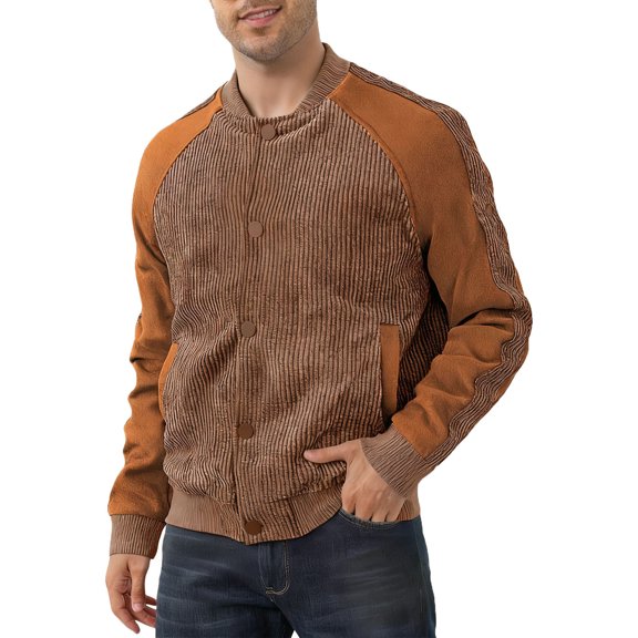 ZUKMRJPC Mens Corduroy Jackets Long Sleeve Vintage Color Block Bomber Jackets Stand Collar Loose Fit Warm Fall Outwear with Pockets