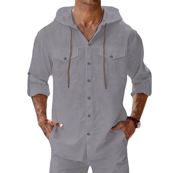 ZUKMRJPC Mens Cotton Linen Button Down Hoodies Long Sleeve Solid Color Casual Hoodies Lightweight Summer Beach Shirts with Pocket