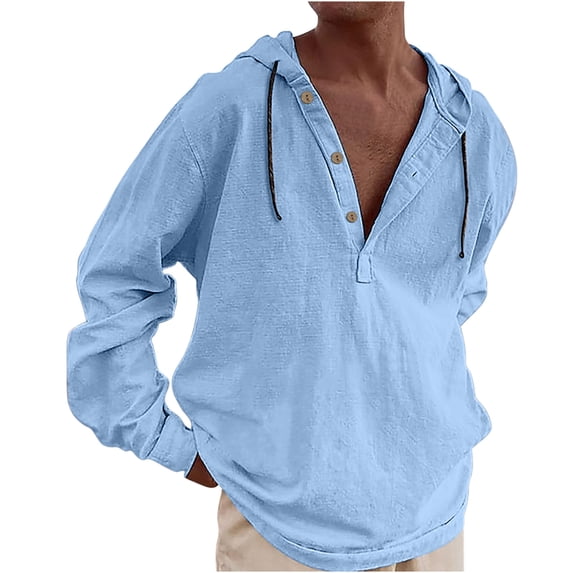 ZUKMRJPC Mens Cotton Linen Shirts with Hood Casual Long Sleeve Button Drawstring Shirt Lightweight Solid Color Tees