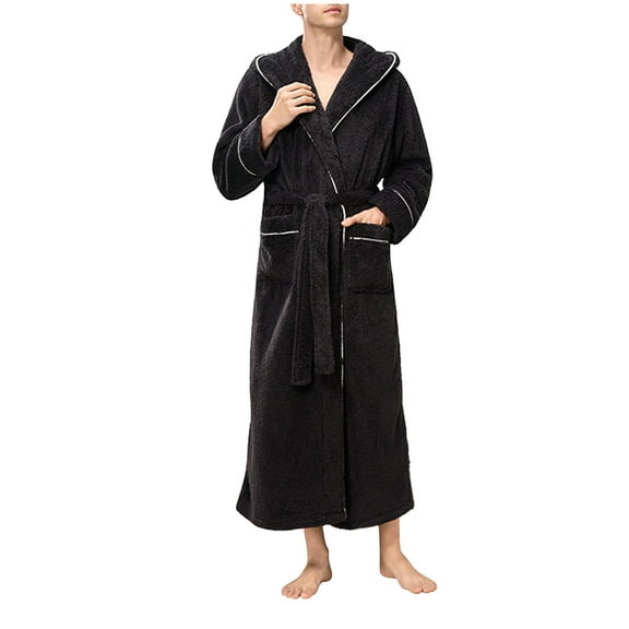 ZUKMRJPC Mens Fleece Robe Full Length Solid Color Winter Warm Hooded Robe Fluffy Soft Comfy Bathrobe with Belt & 2 Pockets Unisex