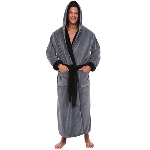 ZUKMRJPC Mens Fleece Robes Solid Color Big and Tall Full-Length Hooded Bathrobe Warm Fluffy Cozy Winter Robe with Pockets