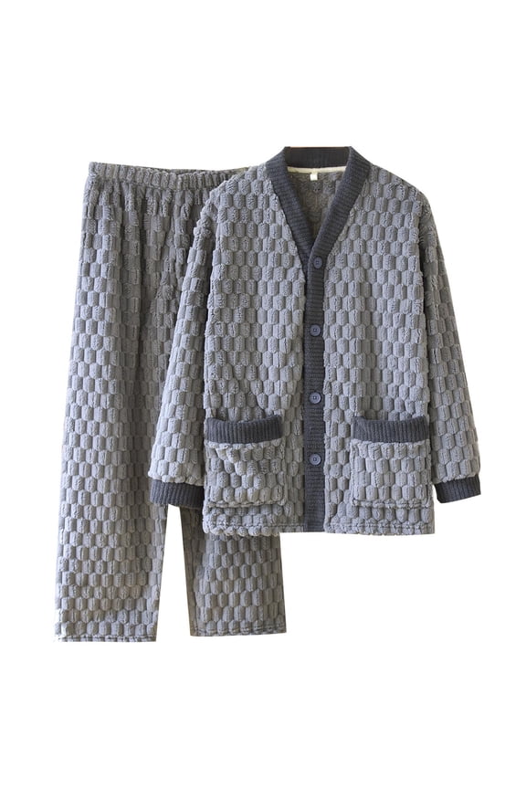 Mens Fleece Warm Pajama Sets Soft Fluffy Long Sleeve Button Tops and Pants Sleepwear Cozy Loungewear Pjs Set for Men with Pockets