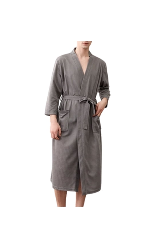 Mens Lightweight Waffleknit Robe Soft Hotel Spa Bathrobes Comfy Breathable Knee Length Summer Robes with Pockets