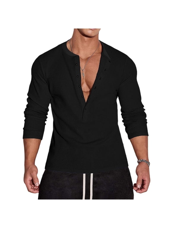 Mens Long Sleeve Shirts Solid Color Deep V Neck Half Button Down Slim Fit Pullover Casual Lightweight Soft Gym Workout Tops
