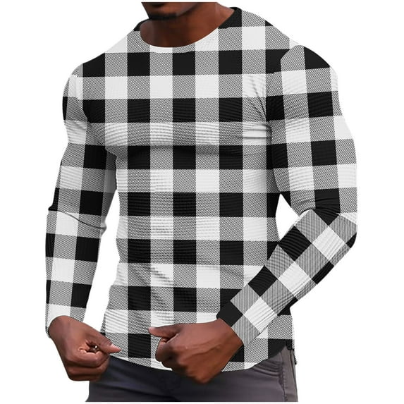 ZUKMRJPC Mens Long Sleeve T-Shirts Waffle Texture Casual Crewneck Plaid Pullover Tees Soft Comfort Elastic Gym Workout Basic Tops