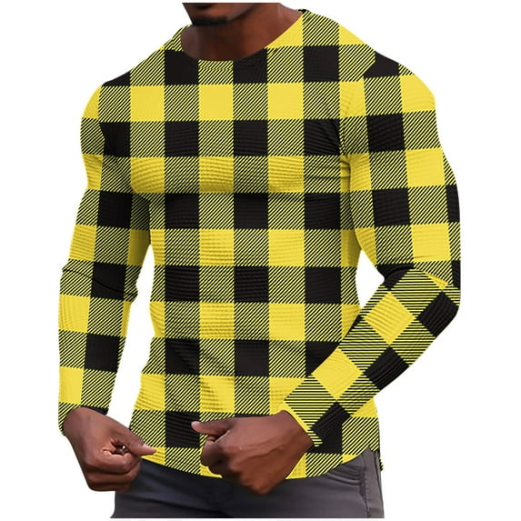 ZUKMRJPC Mens Long Sleeve T-Shirts Waffle Texture Casual Crewneck Plaid Pullover Tees Soft Comfort Elastic Gym Workout Basic Tops