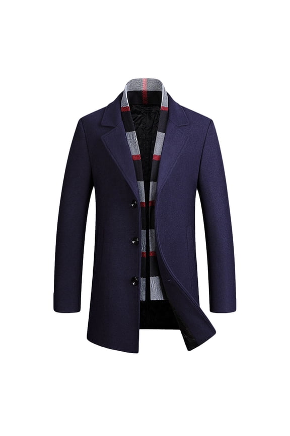 Mens Mid Long Coats Fall Winter Slim Fit Notched Collar Single Breasted Pea Coat Warm Soft Comfy Wool Overcoat with Pocket