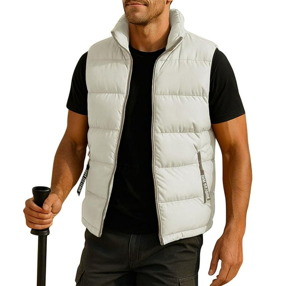 ZUKMRJPC Mens Puffer Jacket Vest Winter Stand Collar Full Zip Sleeveless Outdoor Jackets Warm Solid Color Thick Vest with Zipper Pocket