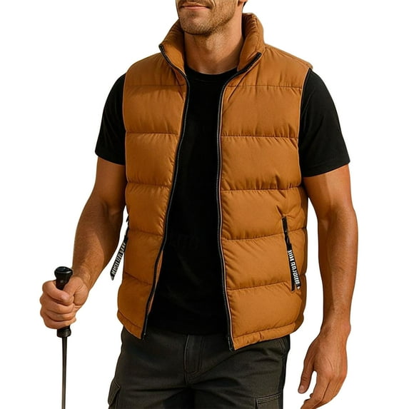 ZUKMRJPC Mens Puffer Jacket Vest Winter Stand Collar Full Zip Sleeveless Outdoor Jackets Warm Solid Color Thick Vest with Zipper Pocket
