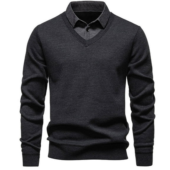ZUKMRJPC Mens Quarter Button Sweater Fake Two Pieces Patchwork Lapel Pullover Sweater Fashion Knitted Casual Business Basic Tops