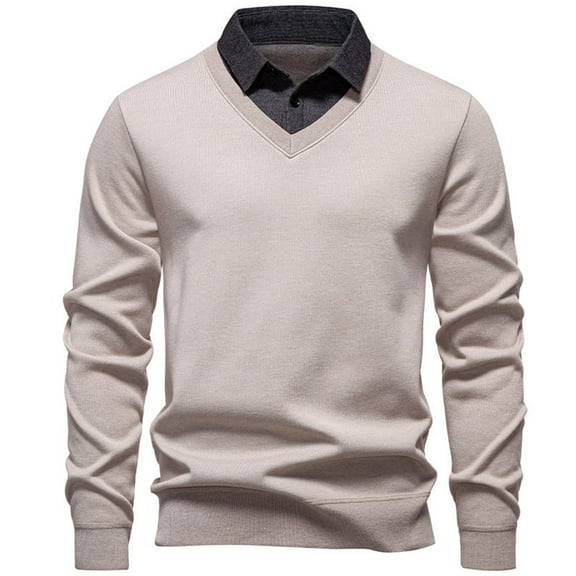 ZUKMRJPC Mens Quarter Button Sweater Fake Two Pieces Patchwork Lapel Pullover Sweater Fashion Knitted Casual Business Basic Tops