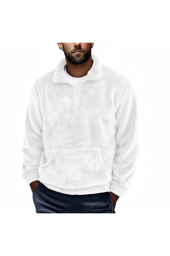 Mens Quarter Zip Fleece Sweatshirt Long Sleeve Loose Fit Solid Color Fluffy Pullover Sweatshirt Fall Winter Warm Tops with Kangaroo Pocket