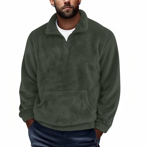 ZUKMRJPC Mens Quarter Zip Fleece Sweatshirt Long Sleeve Loose Fit Solid Color Fluffy Pullover Sweatshirt Fall Winter Warm Tops with Kangaroo Pocket