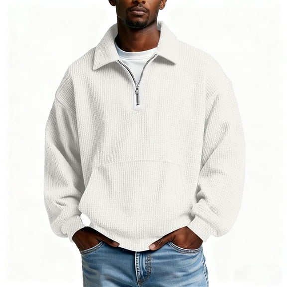 ZUKMRJPC Mens Quarter Zip Sweatshirt Long Sleeve Solid Color Lapel Waffle Knit Textured Pullover Casual Loose Fall Tops with Pocket