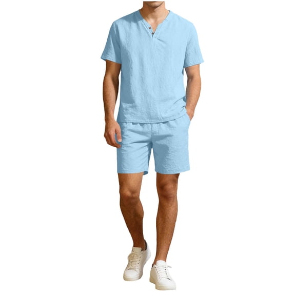 ZUKMRJPC Mens Short Sets 2 Piece Outfits V Neck Button Up T-Shirts and Shorts Solid Color Casual Lightweight Summer Tracksuit Sets
