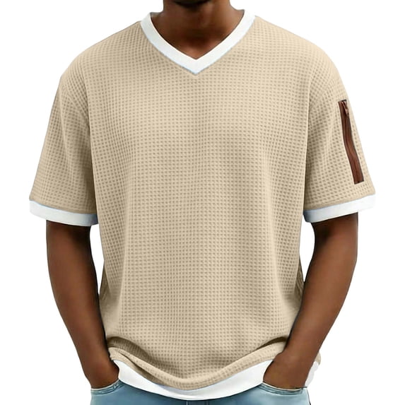 ZUKMRJPC Mens T-Shirts V Neck Short Sleeve Waffleknit Summer Tops Casual Loose Fit Lightweight Pullover Tees Tops with Zipper Pocket