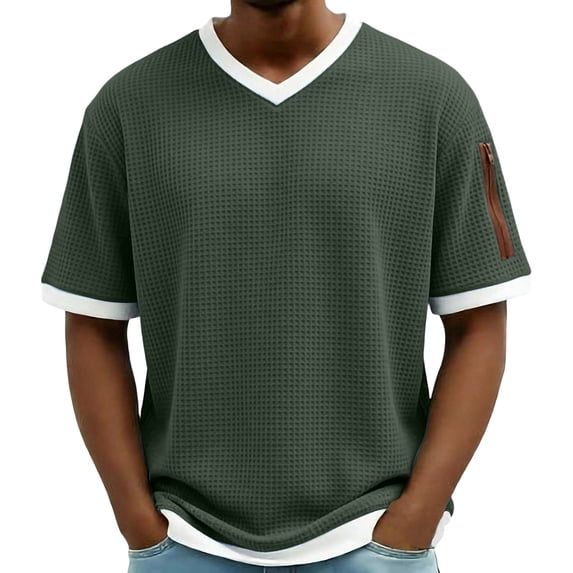 ZUKMRJPC Mens T-Shirts V Neck Short Sleeve Waffleknit Summer Tops Casual Loose Fit Lightweight Pullover Tees Tops with Zipper Pocket