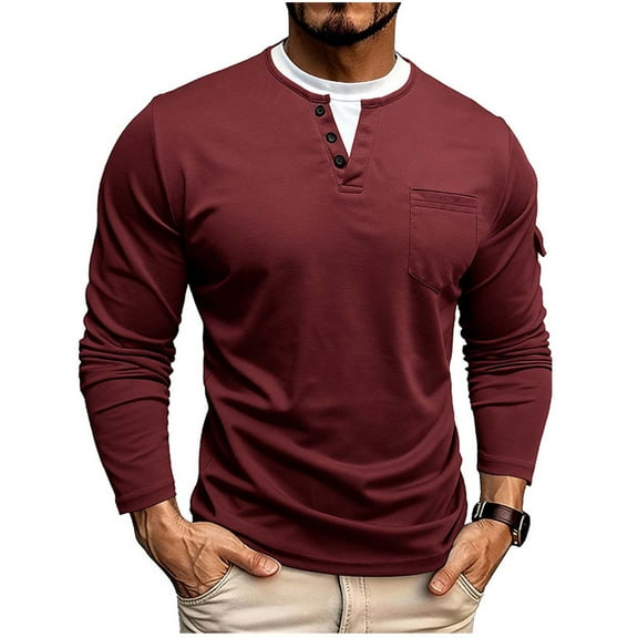ZUKMRJPC Mens V Neck Button T Shirts Fake Two Pieces Lightweight Slim Fit Pullover Tees Fall Casual Long Sleeve Basic Tops with Pocket