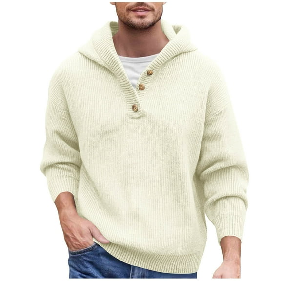 ZUKMRJPC Mens V-Neck Sweaters Fashion Button Up Loose Fit Solid Color Pullover Sweaters Fall Casual Lightweight Hooded Knit Tops