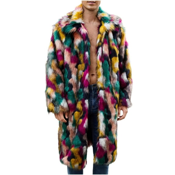 ZUKMRJPC Mens Vintage Faux Fur Coats Fashion Print Long Open Front Cardigan Turndown Collar Winter Fluffy Fleece Warm Soft Overcoat