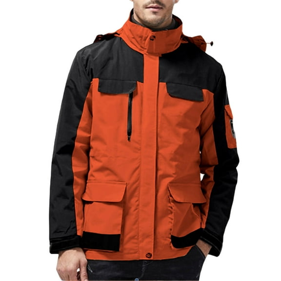 ZUKMRJPC Mens Windproof Jacket Full Zip Patchwork Lightweight Waterproof Hooded Outdoor Jacket Removable Hat with Pocket for Hiking Travel