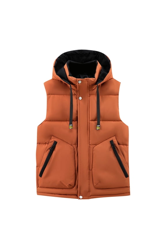 Mens Winter Puffer Vest Warm Full Zip Drawstring Hooded Padded Jacket Lightweight Casual Sleeveless Jacket with Zipper Pocket