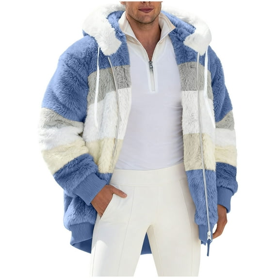 ZUKMRJPC Mens Winter Warm Coats Fluffy Fleece Color Block Open Front Cardigan Full Zip Up Hooded Outwear Soft Comfy Thicken Jacket