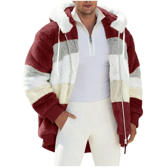 ZUKMRJPC Mens Winter Warm Coats Fluffy Fleece Color Block Open Front Cardigan Full Zip Up Hooded Outwear Soft Comfy Thicken Jacket
