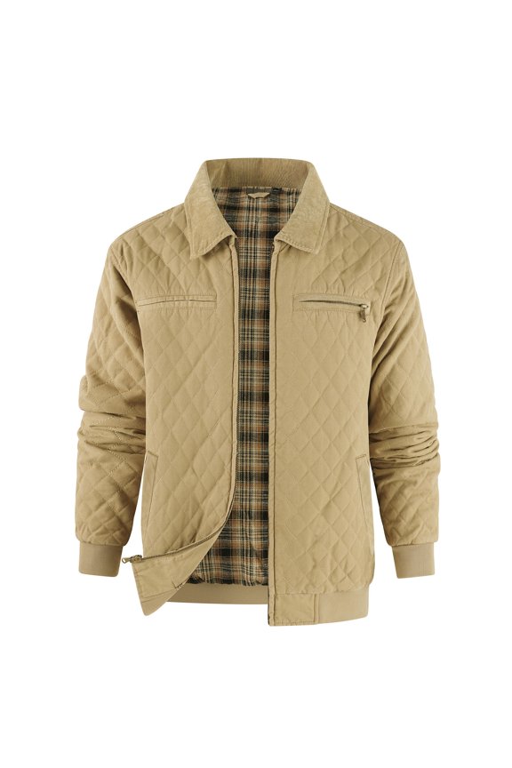 Mens Workwear Jackets Casual Lightweight Full Zip Lapel Vintage Plaid Cotton Jackets Winter Warm Windproof Outwear with Pockets