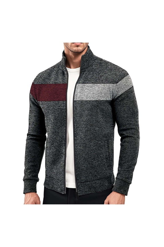 Mens Zip Up Jacket Stand Collar Patchwork Lightweight Jackets Casual Soft Warm Long Sleeve Outerwear with Pocket