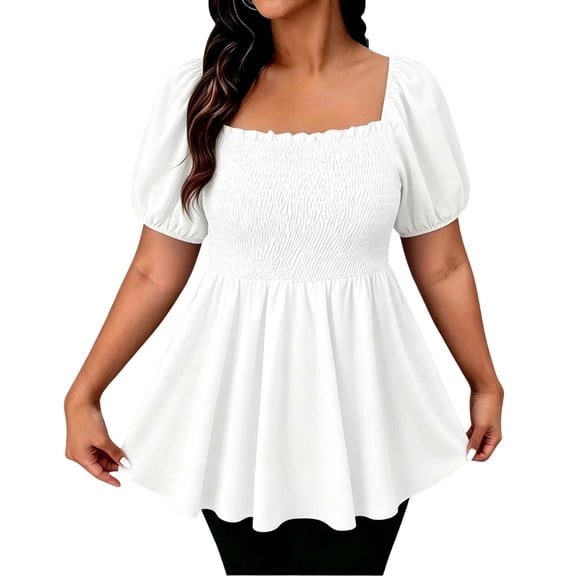 ZUKMRJPC Plus Size Women's Square Neck Smocked Peplum Blouses Solid Vintage Puff Short Sleeve Ruffle Hem Cute Tops Fashion Ladies Blouses