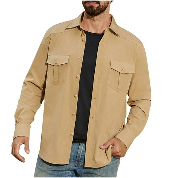ZUKMRJPC Shirt for Men Long Sleeve Button Down Lapel Classic Solid Color Casual Loose Fit Shirts Lightweight Tops Daily Wear with Pocket
