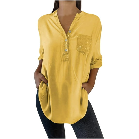 ZUKMRJPC Spring Loose Fit Tops for Women Button Down Short Sleeve Solid Color Tee Sequin V Neck Daily Wear Trendy Blouses