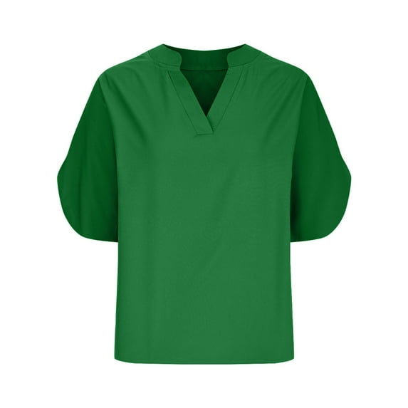 ZUKMRJPC Summer Loose Fit Shirts for Women Mandarin Collar Short Sleeve Solid Color Blouses Slit Sleeve V Neck Daily Wear Basic Tee