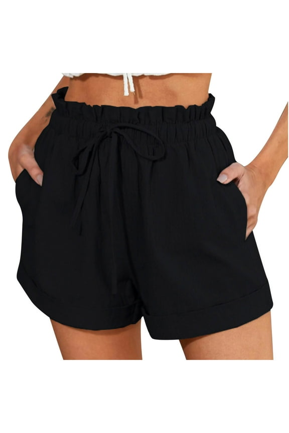 Summer Womens Shorts Casual Teen Girls High Waisted Drawstring Flowy Shorts Fashion Cute Summer Beach Cotton Linen Shorts