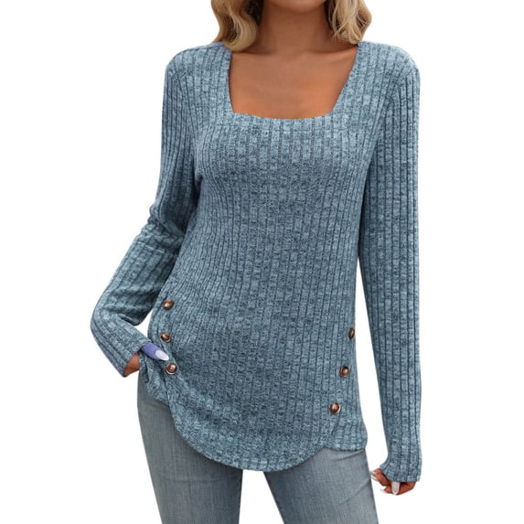 ZUKMRJPC Sweaters for Women Square-Neck Casual Long Sleeve Solid Color with Decorative Buttons Pullover Fall Soft Comfy Knit Tops