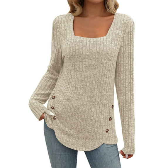 ZUKMRJPC Sweaters for Women Square-Neck Casual Long Sleeve Solid Color with Decorative Buttons Pullover Fall Soft Comfy Knit Tops