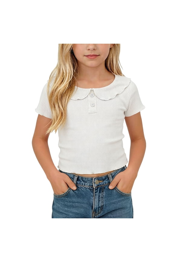 Toddler Girls Ruffled Short Sleeve Tshirts Cute Babydoll Button Up Blouse Tops Casual Textured Tee Shirts Summer Clothes for Girls 0-8Y