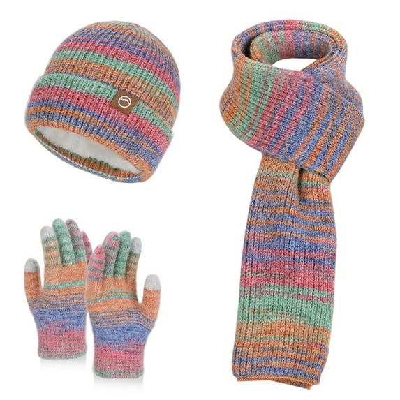 ZUKMRJPC Winter Hat Scarf Gloves Set for Women Women's Colorful Striped Warm Fleece Knitted Beanie Caps Touchscreen Gloves Long Scarf