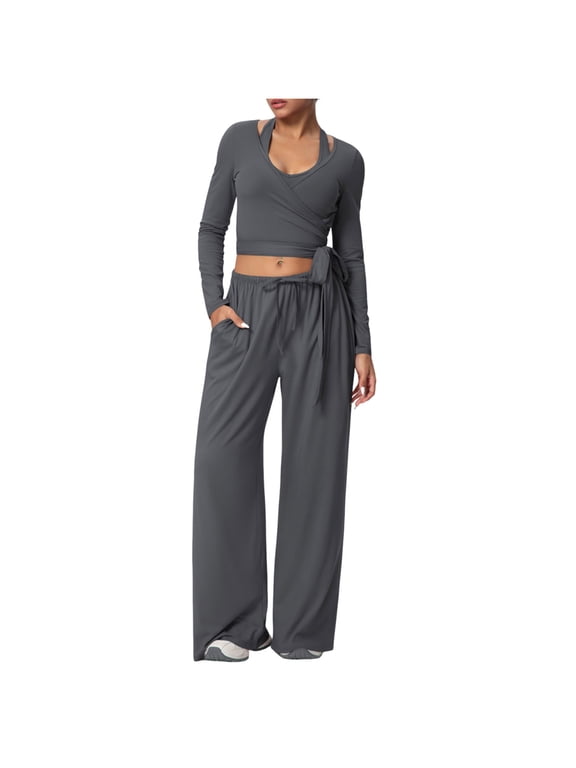 Women 2 Piece Outfits Long Sleeve V Neck Wrap Crop Tops Drawstring Wide Leg Pants Tracksuit Casual Comfy Workout Yoga Sets