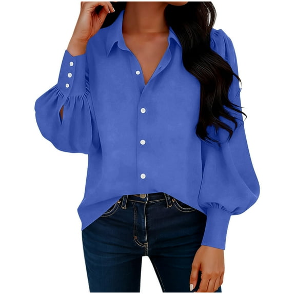 ZUKMRJPC Women Button Down Shirts Lantern Long Sleeve Classic Casual Collar Shirts Solid Color Loose Fit Lightweight Business Work Shirt