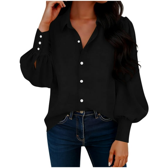 ZUKMRJPC Women Button Down Shirts Lantern Long Sleeve Classic Casual Collar Shirts Solid Color Loose Fit Lightweight Business Work Shirt