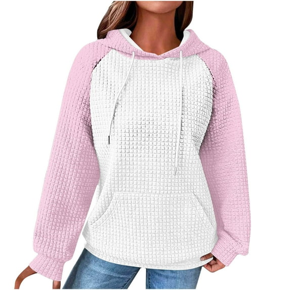 ZUKMRJPC Women Fall Hoodies Sweater Casual Long Sleeve Patchwork Color Block Drawstring Waffle Sweater Pullover with Pockets
