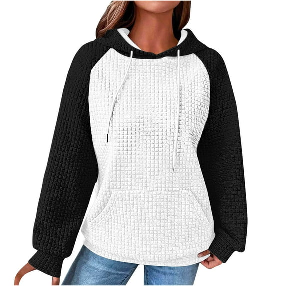 ZUKMRJPC Women Fall Hoodies Sweater Casual Long Sleeve Patchwork Color Block Drawstring Waffleknit Sweater Pullover with Pockets