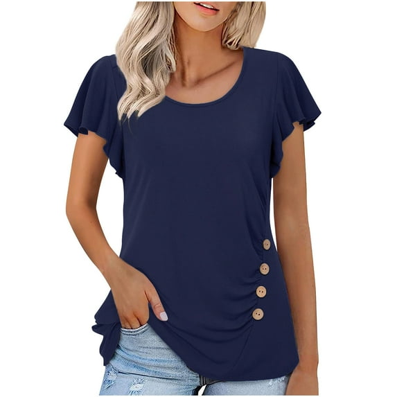 ZUKMRJPC Women Summer Tops Ruffle Short Sleeve Crewneck Solid Color Shirts Loose Fit Casual Ruched Button Tunic Blouse Tops